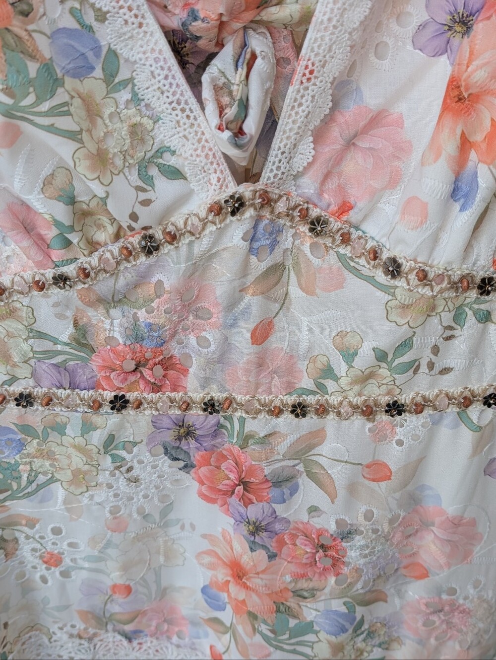 NWT Anewsta Multi Color Floral Muti-tier Ruffled Lace Beaded Dress. Size Medium - Picture 5 of 8